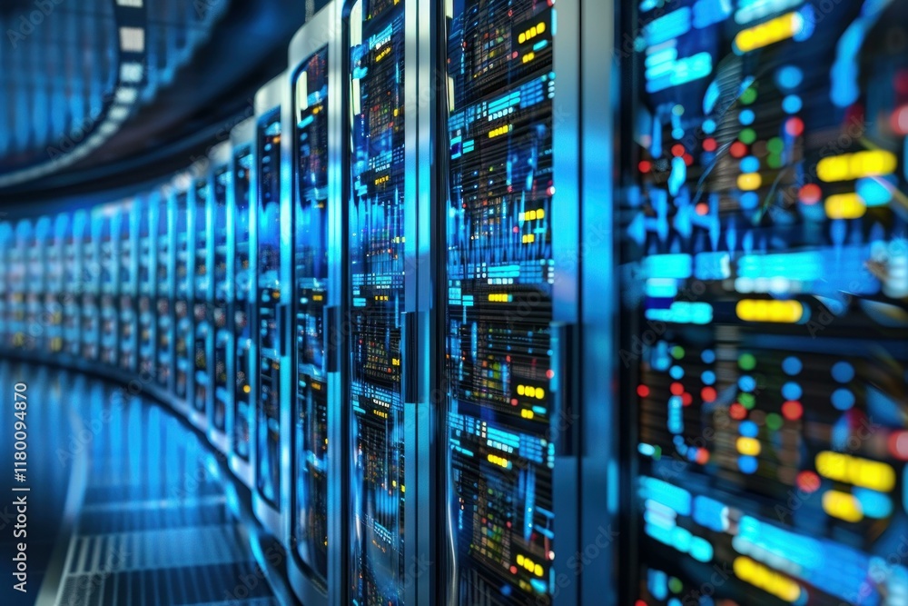 Poster multiple server racks storing and processing data in a modern data center
