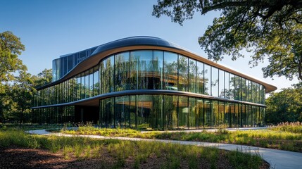 A sustainable glass office building surrounded by lush green trees, showcasing eco-friendly design and modern architecture for corporate spaces.