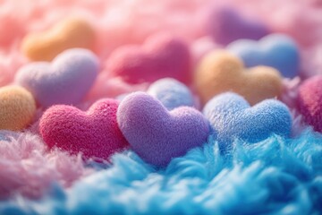 Colorful hearts scattered across a soft,