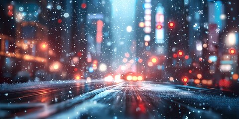 Obraz premium Blurred glowing city lights creating a serene snowy winter urban backdrop, evoking cozy seasonal charm, style book illustration