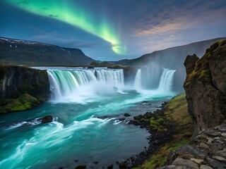 Fototapeta premium waterfall in the mountains with colorful light