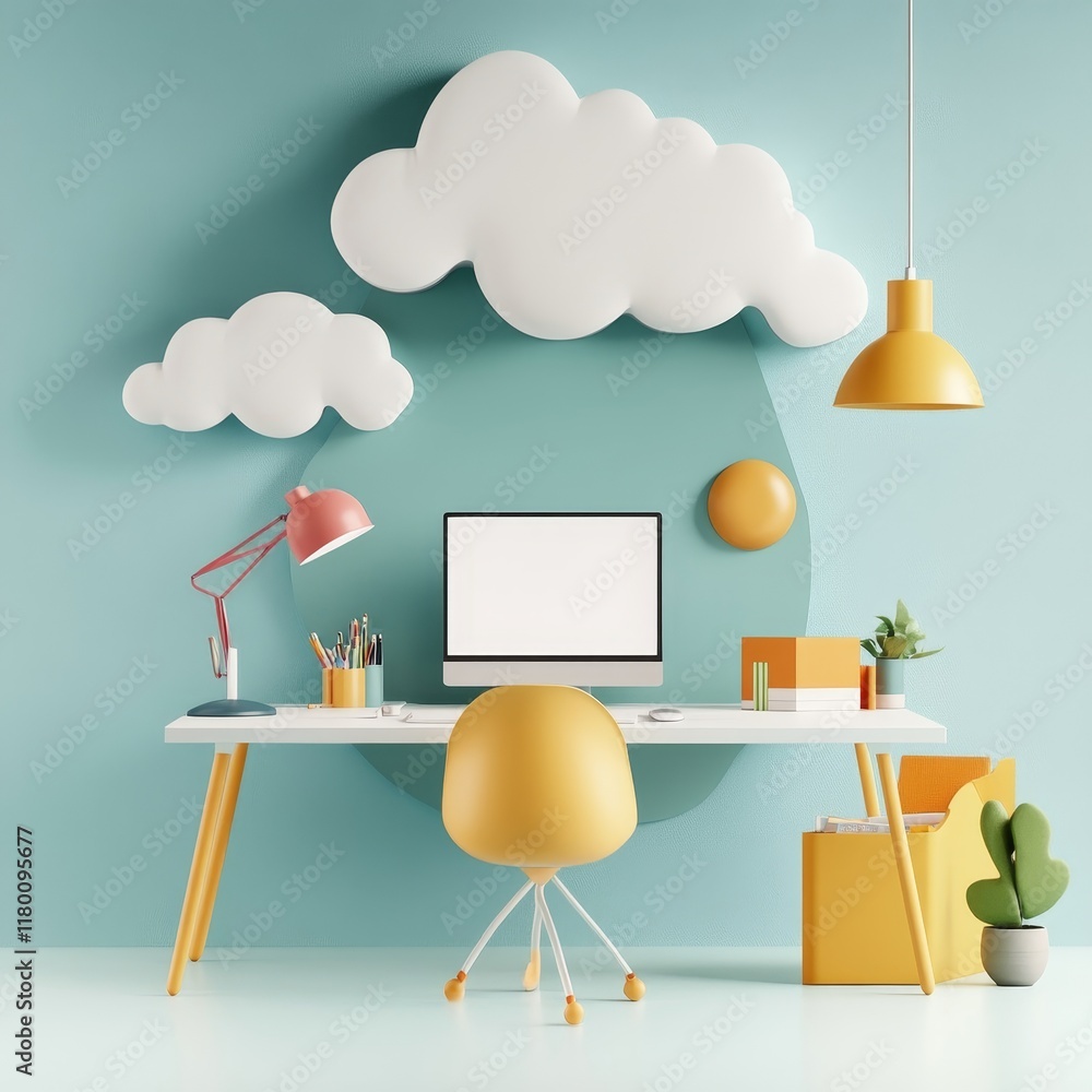 Poster modern workspace design with colorful accessories and playful elements in a creative office setting 