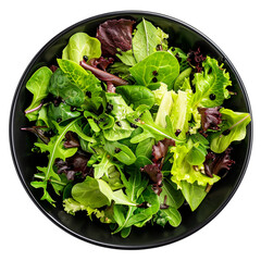 Isolated on white background, a black bowl with a fresh green salad topped with olive oil and balsamic vinegar, seen from the top