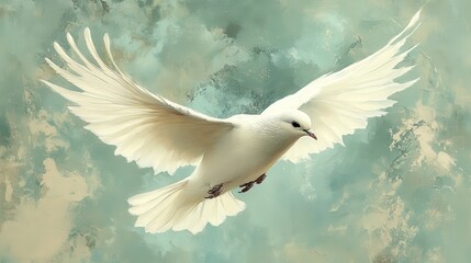 Obraz premium White dove in flight against a textured, pastel background.