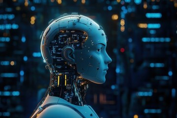 Futuristic robot head with illuminated circuitry against a cityscape backdrop at night