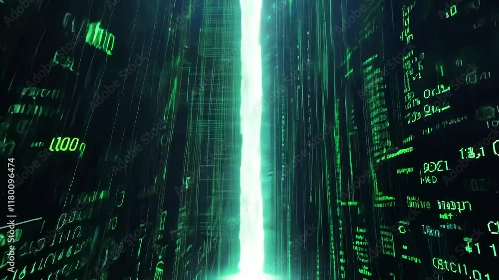 Poster futuristic digital matrix code with vertical glowing light beam