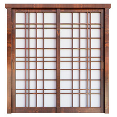 An isolated traditional Japanese shoji door with rice paper panels on a white background