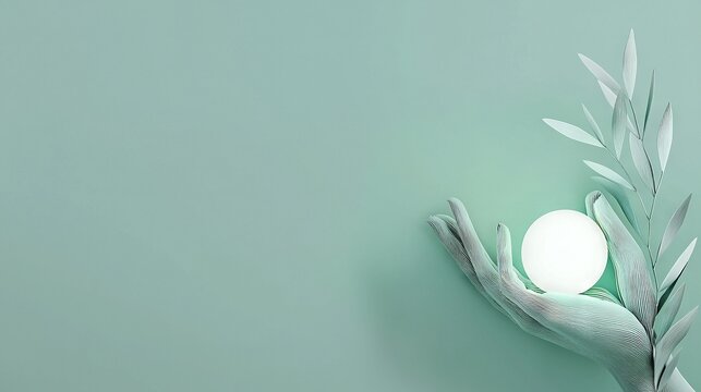   A person's hand cradling an egg against a verdant backdrop featuring a lush plant