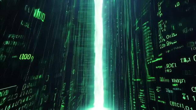Futuristic digital matrix code with vertical glowing light beam