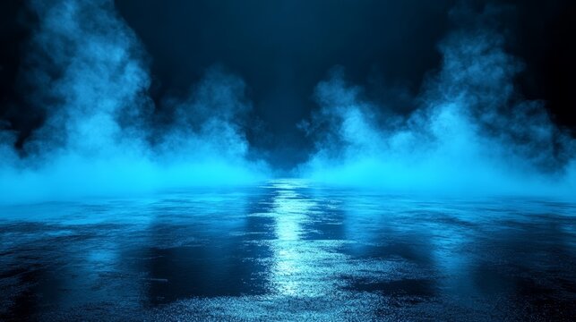 Abstract 3d concrete background with black fog, neon lights, and wet asphalt in urban street art style, blue and cool smoke effects on dark cement floor