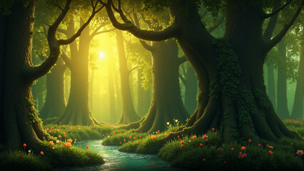 Mystical forest at sunset, tranquil stream surrounded by vibrant tulips and lush trees
