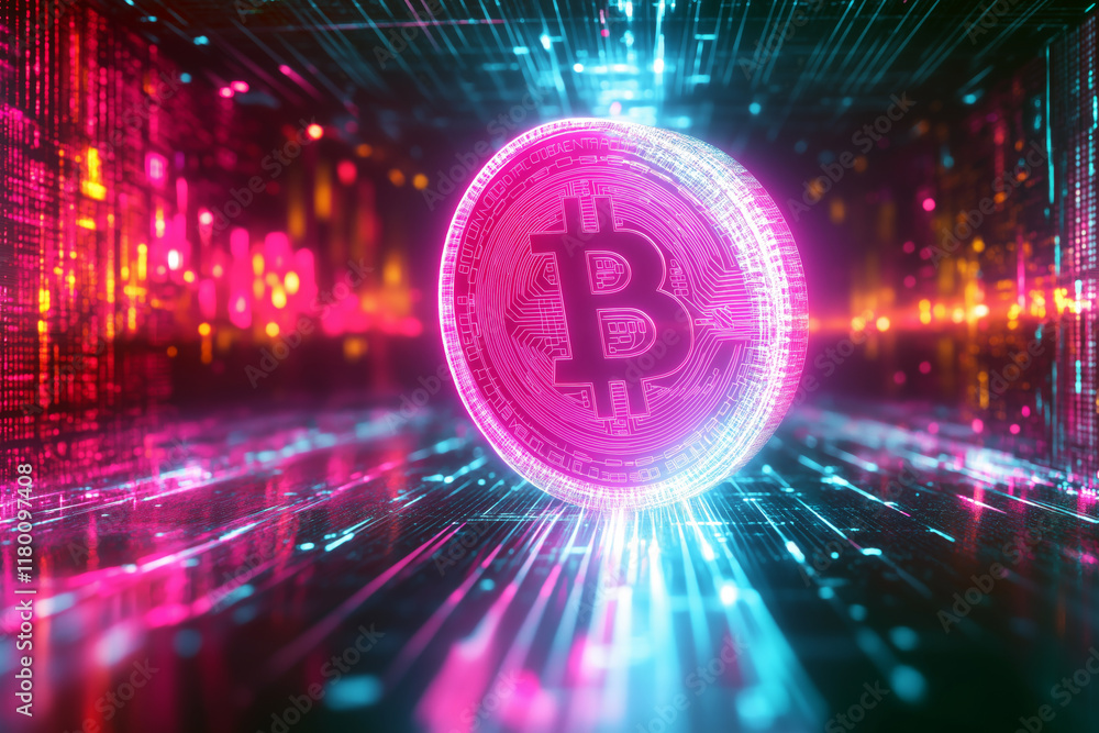 Poster futuristic glowing bitcoin coin in a digital holographic environment with neon lights and abstract p