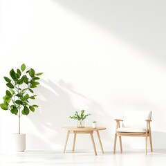 Minimalist Interior Design Featuring a Potted Green Plant and a Cozy Chair in a Bright and Airy Room with White Walls and Natural Light