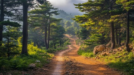 Serene Forest Pathway Under Sunlight