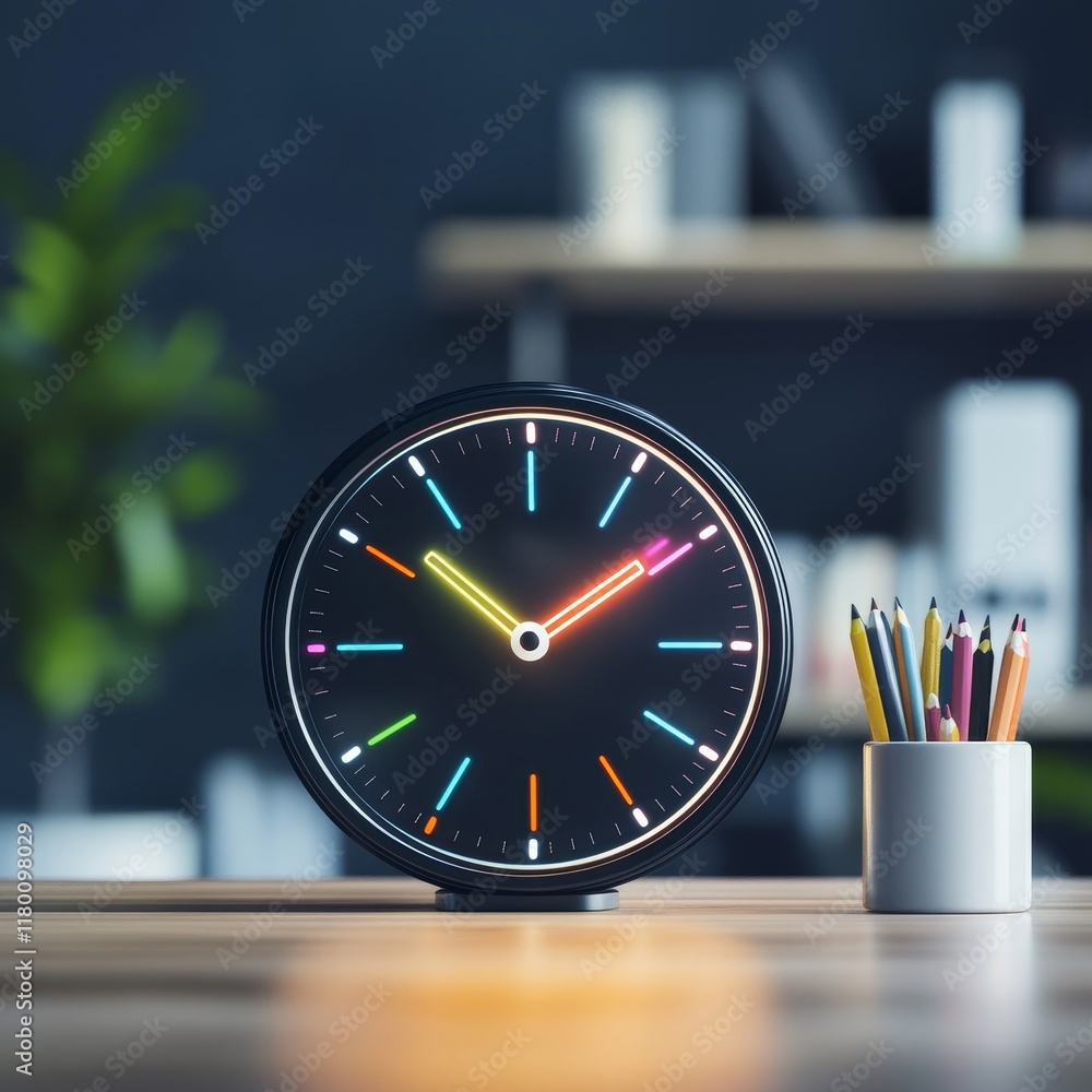 Poster modern clock with colorful elements on a desk in a stylish office setting, showcasing creative time 