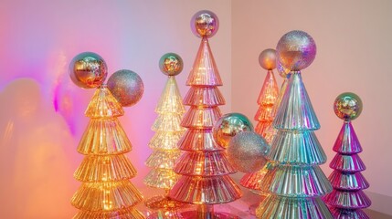 Christmas Trees of Holographic Plastic Decorated with Disco Balls