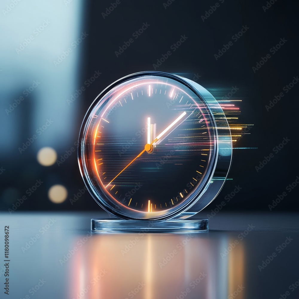 Poster modern glass clock with motion blur effects representing the passage of time and speed in a contempo