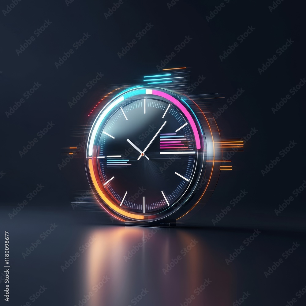 Poster stylish modern clock with colorful neon accents reflecting time in a dark environment to represent e