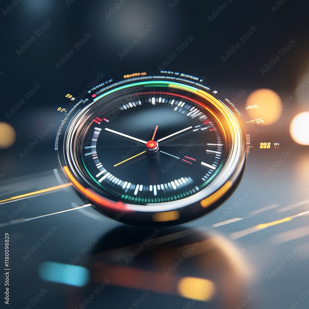 Poster abstract representation of a modern compass with vibrant colors, dynamic lines, and intricate detail