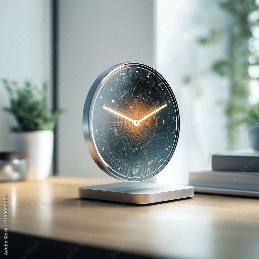 Poster modern round clock displaying celestial patterns with glowing hands on a wooden table surrounded by 