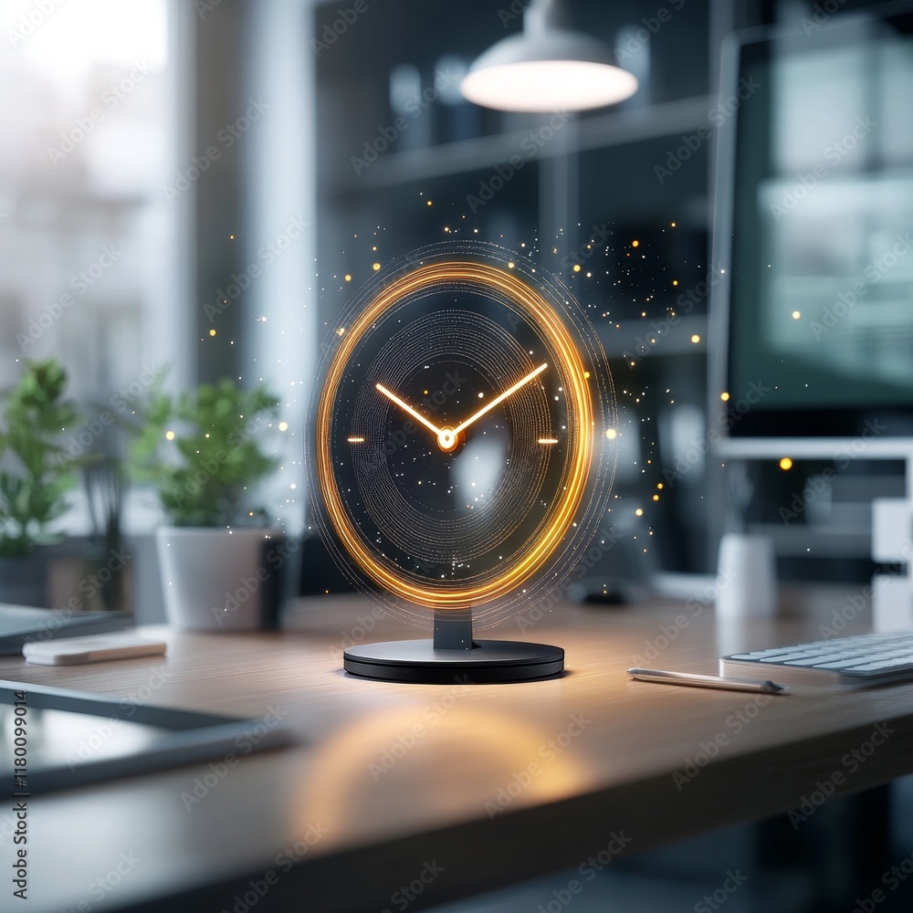 Poster modern desk with innovative clock design in a stylish office setting showcasing a blend of technolog