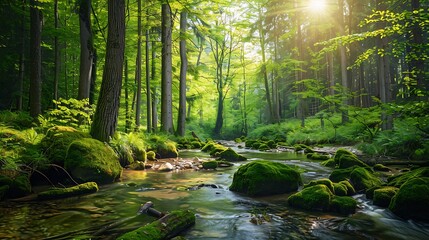 Fototapeta premium Sunlit Forest Stream Flows Over Mossy Rocks