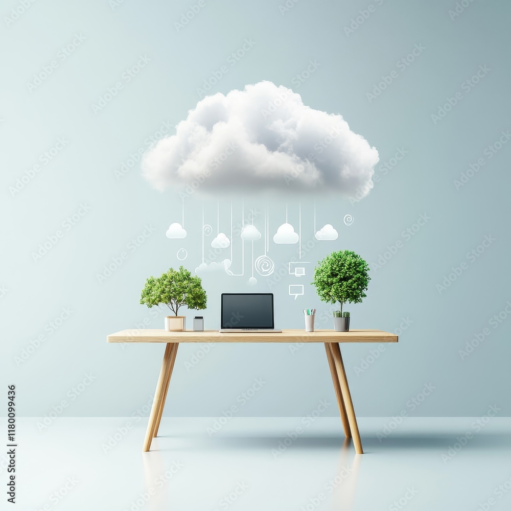Poster modern workspace interior featuring a desk with a laptop in front of a surreal cloudscape depicting 