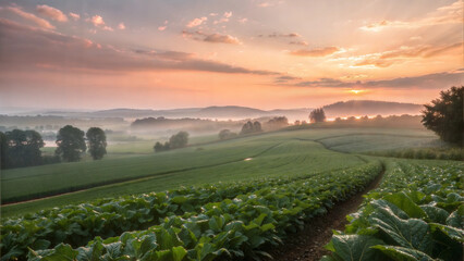 Fototapeta premium Scenic farmland at sunrise with misty fields and trees
