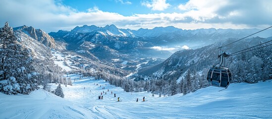 Fototapeta premium Majestic Winter Ski Resort Panorama: Breathtaking Mountain Views and Snowy Slopes
