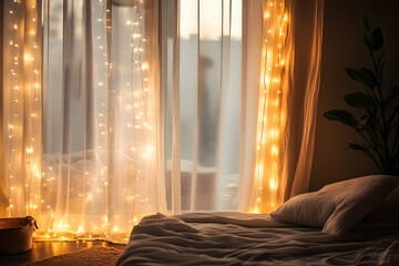 White sheer curtains illuminated by warm fairy lights for a soft ambiance