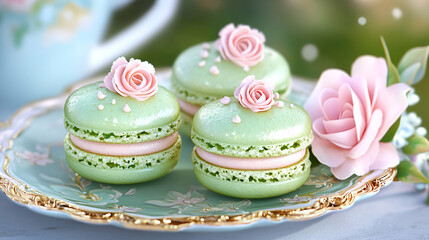 Three elegant green macarons with pink roses, resting on a decorative plate, embodying a delightful, sweet treat for any occasion.