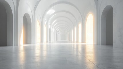 Obraz premium Bright Long Corridor with Arched Doorways and Illuminated Floor