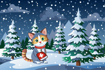Naklejka premium a cartoon illustration of a winter scene with a fence and trees. 