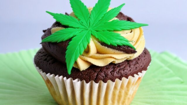 Capcake with chocolate cream and green leaves decoration