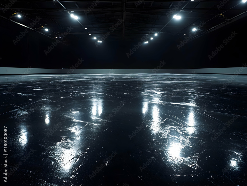 Aufkleber an empty hockey rink with the ice surface reflecting a thin layer of water under bright lights -