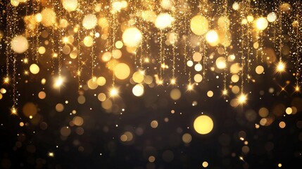 falling gold confetti overlay on dark black background, sparkling effect overlay for event designs, celebration or holiday atmosphere with glowing glitter, festive background for parties