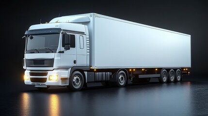White semi-truck with blank trailer on dark background.