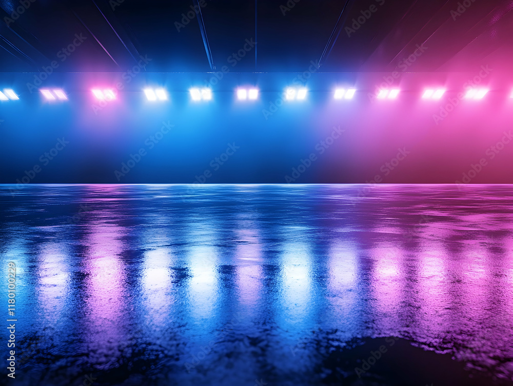 Poster an empty hockey rink with the ice surface reflecting a thin layer of water under bright lights -