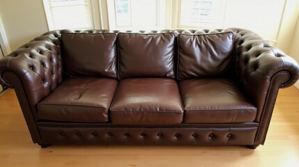 a brown leather Chesterfield sofa with three seat cushions and a tufted backrest and armrests. The sofa is placed on a wooden floor, and there are windows in the background.