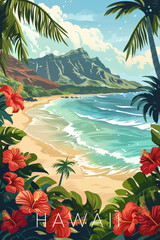 Hawaii travel poster. Vibrant coastal cliffs, tropical rainforest, hibiscus flowers and volcanic peaks. Ai generated image