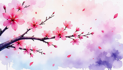Cherry blossom branch with pink flowers and pastel watercolor sky
