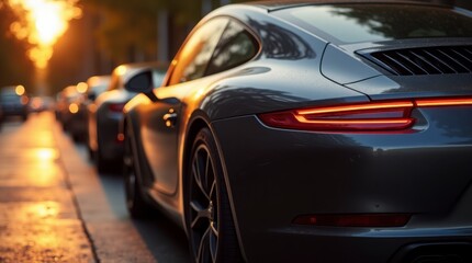 a line of cars on a road during sunset. The cars are closely lined up, suggesting a traffic jam or slow-moving traffic. The sun is low on the horizon, casting a warm, golden light on the scene.