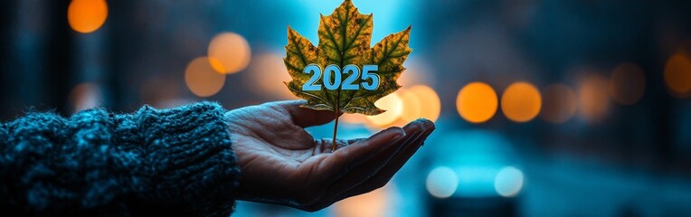 A symbolic image of a hand holding a green leaf with '2025' text against a bright blue sky. Ideal for promoting environmental care, sustainability, and green initiatives for the future.
