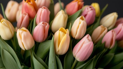 Close-up of pastel tulips in soft yellow, pink, and peach tones against a dark background. Concept of springtime elegance and floral beauty.