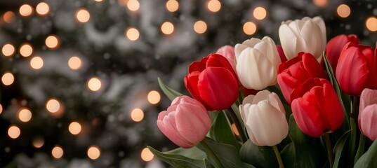 Festive bouquet of red, white, and pink tulips with bokeh lights and a holiday atmosphere. Concept of seasonal beauty, celebration, and elegance.