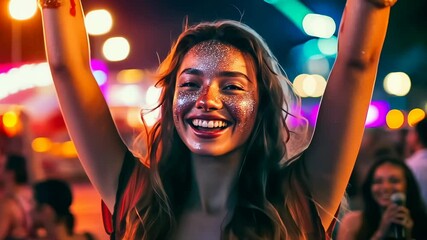 A young Caucasian woman joyously celebrates under vibrant festival lights at night, exuding a sense of freedom and joy amidst a crowd, reflecting the electrifying energy of youth culture and festive