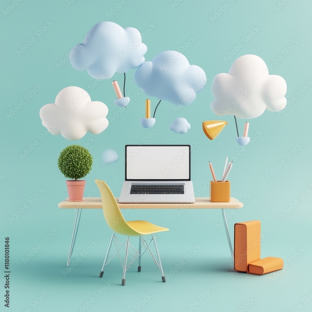 Poster modern workspace with minimalist desk and floating clouds, featuring a computer, potted plant, and c