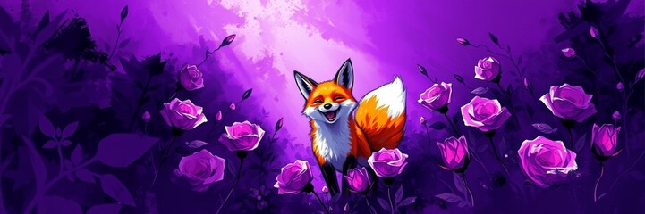 Obraz premium Illustration of a cheerful fox surrounded by blooming pink roses set against a vibrant purple background conveying a whimsical and romantic atmosphere