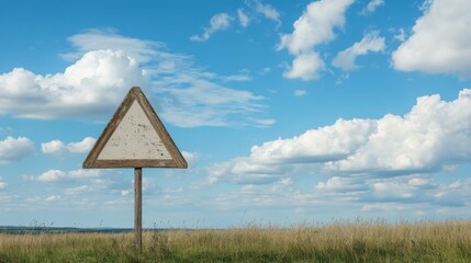 Blank triangular wooden signpost in a field under a blue sky with fluffy clouds.