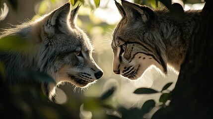   Two wolves stand beside a tree, gazing into each other's eyes